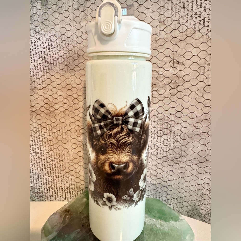 New Highland Cow Gingham Bow Acrylic Travel Cup Tumbler Water Bottle 20oz